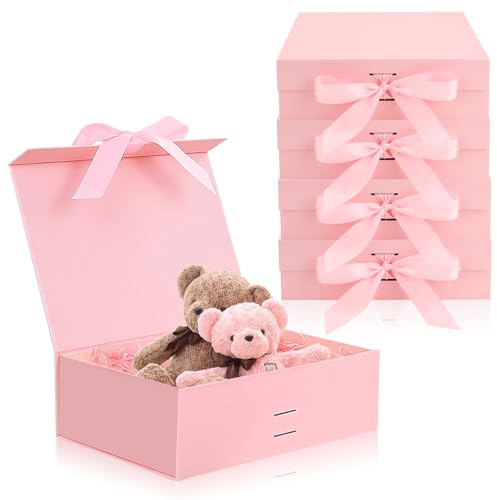 SICANAUO 5pcs Magnetische Geschenkbox mit Deckel, 26x19x8cm Luxus Faltbare Geschenkbox mit Bänder, Karton Geschenkboxen für Geschenke Bithday Hochzeitstag Valentine Weihnachten (Rosa)