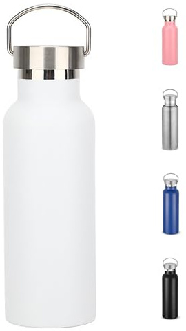 Water Bottle Stainless Steel Insulated 500ml with Leakproof Lid and Handle, Double Wall Vacuum Travel Bottle for School, Hiking, Travel - Reusable Metal Standard Mouth Flask for Everyday Use (White)