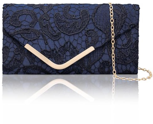 Larcenciel Clutch Dunkelblau, Elegant Spitze Satin Handtasche mit Abnehmbarer Kette, Vintage Envelope Abendtasche mit Blumenmuster, Mode Umschlag Crossbody Tasche für Hochzeit Party Bankett, 22x11x5CM