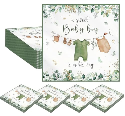CHarmeFleur 20 Stück Baby Shower Servietten Deko EIN Süßer Junge Ist Unterwegs Baby Shower Deko Aquarell Grün Jungens Babys Servietten Für Jungs