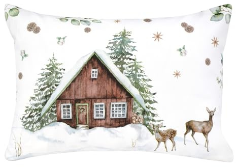 beties - Magie des Winters Collection - Mini Deko Kissenhülle Moggl Hütte ca. 25x35 cm; aus 100% Baumwolle - liebevolles Wintermotiv mit Tannenzapfen & Eukalyptus