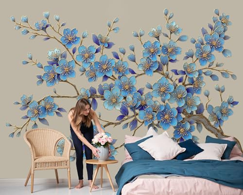 DLERFLOVR Muraux Tapisserie Style Traditionnel, 300x210cm Papier Peint Relief 3D De Fleurs De Cerisier XXL Poster Tableaux Muraux Tapisserie pour Salon Chambre Salle à Manger Décoration Murale, Crème
