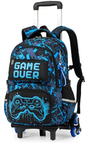Amythe Trolley-Rucksack Jungen Kinder 8-12 Jahre mit 6 Räder, Blau | Nachtleuchtend Wasserdicht Reflektierend Leicht Rot Daypack Multitasche Geräumig Robust für Schule Reisen Wandern Freizeit