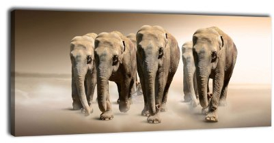 wandmotiv24 Leinwandbild Panorama Nr. 189 Elefantengruppe 100x40cm, Keilrahmenbild, Bild auf Leinwand, Elefanten Afrika Steppe