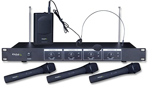 Ibiza - VHF4 - Sistema de microfonía inalámbrica con 3 micrófonos de mano VHF, 1 micrófono de diadema VHF y 1 receptor - 4 canales 202.1, 203.5, 205.8 & 207.5MHz - Negro