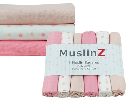 MuslinZ- 6 pack Muslin Squares Baby Burp Cloths 70x70cms Perfect for Newborns, multi-use, Oeko-Tex standard 100, UK brand. (Pink Combo, 6 Pack)