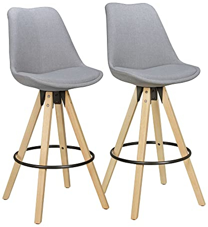 Wohnling 2er Set Barhocker Lima Grau Retro Design Stoff Holz mit Lehne, Design Barstuhl Retro Skandinavisch 2 Stück, Tresenhocker Sitzhöhe 77 cm