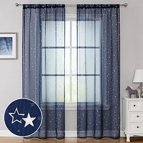 WUBODTI Gardinen für Kinderzimmer, Wohnzimmer, Kinderzimmer, 1 Panel, schöne Sterne, Voile, Vorhänge für Jungenzimmer, 99,1 x 200,7 cm, Marineblau