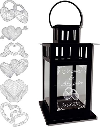 UDIG Laternen Metalllaterne in Schwarz mit weißer Gravur Verschiedene Motive zur Hochzeit 28 x 15,5 x 15,5cm, Geschenk