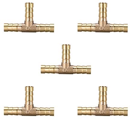 sourcing map 8mm or 5/16 OD Brass Barb Splicer Fitting,T-Shaped 3 Ways, Barb Hose Fitting Air Gas Water Fuel,Barbed Tee Connector,5pcs