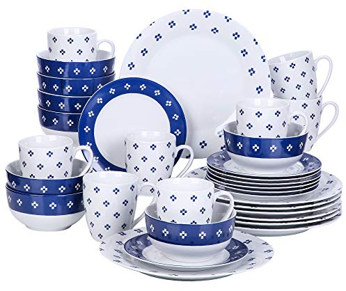 VEWEET Geschirrset 8 Personen, 32-tlg. Porzellan Tafelservice, Modernes Kombiservice mit Speisetellern, Desserttellern, Müslischalen & Kaffeebechern, Spülmaschinen- & Mikrowellengeeignet, Serie EDWIN