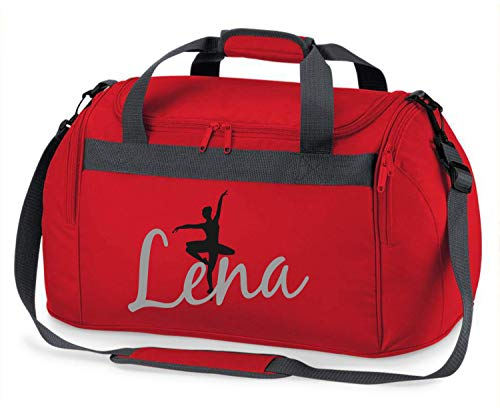 minimutz Sporttasche mit Namen | Personalisieren & Bedrucken | Motiv Ballett-Tänzerin | Reisetasche Umhänge-Tasche für Mädchen | inkl. Namensdruck (rot)