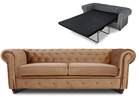 Schlafsofa Chesterfield Asti Bis 3-Sitzer, Sofa mit Schlaffunktion, Couch 3-er, Couchgarnitur, Sofagarnitur, Holzfüße, Polstersofa (Beige (Velvet 28))
