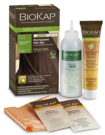 BioKap, Natural Light Chestnut 5.0 Nutricolor Delicato Rapid Permanent Hair Colour — PPD-Free and Ammonia-Free Vegan Hair Dye for Sensitive Skin with 100% Grey Coverage in just 10 Minutes