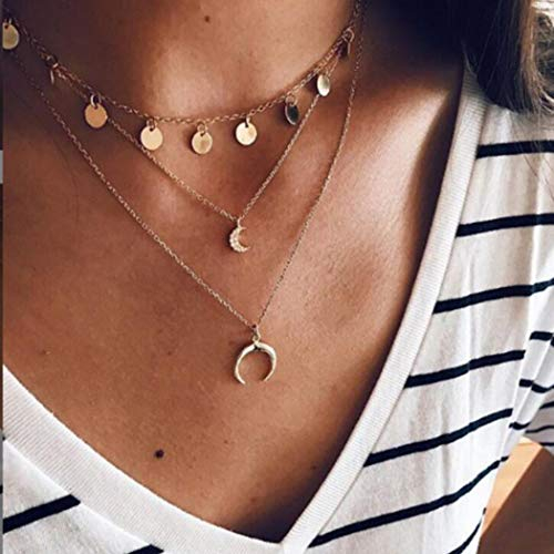 Yienate Bohemia Mehrschichtige Halskette, Mond-Pailletten-Anhänger, Halskette, Goldkette, Schmuck für Damen und Mädchen