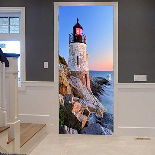 A.Monamour Türtapete Selbstklebend Türfolie Türposter 3D Backstein Leuchtturm Ozean Wellen Stein Felsen Zeitgenössische Kunst Vinyl Folie Türdeko Tapete Wandbild Türaufkleber Türtattoo 83 x 204 cm
