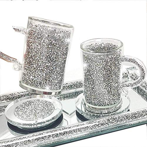 Amazing Gift Lot de 2 tasses à café et soucoupes en verre écrasé en cristal argenté