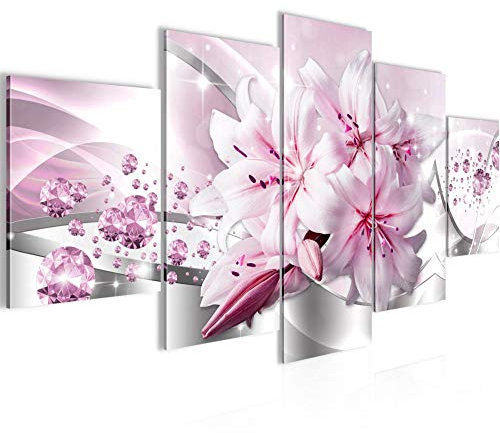 Runa Art Lis Fleurs Tableau Murale Impression sur Toile Intissee 5 Parties Abstrait Gris Rose Chambre Salle 021853c