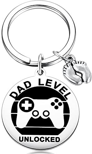 New Expecting Dad First Time Father's Day, New Dad Ankündigung der Schwangerschaft, Dad Unlocked Schlüsselanhänger mit Baby-Fußabdruck-Anhänger, silber, Medium