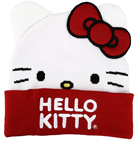 Sanrio Hello Kitty Beanie-Mütze mit großem Gesicht und Schleife, bestickt, für Mädchen, mehrfarbig, Mehrfarbig, Einheitsgröße