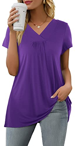 Florboom T Shirt Damen Kurzarm V Ausschnitt Blusen Sommer Locker Oberteile Tops Lila XXL