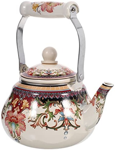 Vaguelly Wasserkessel aus Emaillierter, 1500 ML Retro Wasserkocher mit Keramik Griff, Antik Blumen Kaffeekanne Teekessel für Gas, Induktion Herd