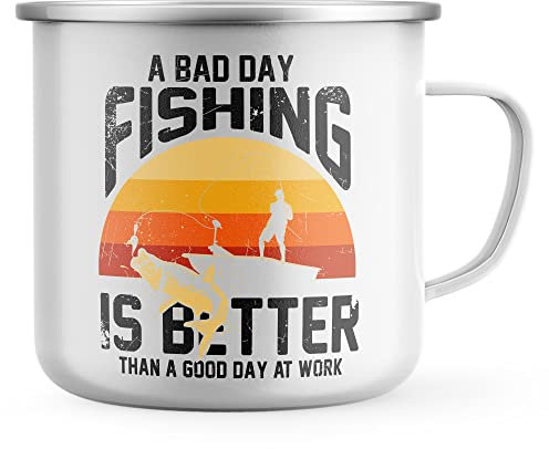 A Bad Day Fishing Is Better Than A Good Day At Work Enamel Mug, Fishing Gifts for Him, Birthday Camping Gift, Camping Coffee Cup for Fisherman, Present For Dad Grandad, One Size, White
