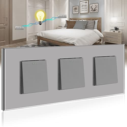 BSEED Lichtschalter Unterputz Schalter Physische Taste Schalter Tripel 1 Fach 2 Wege Wechselschalter Glas Lichtschalter 10A Wandschalter Kristall Grau Kippschalter