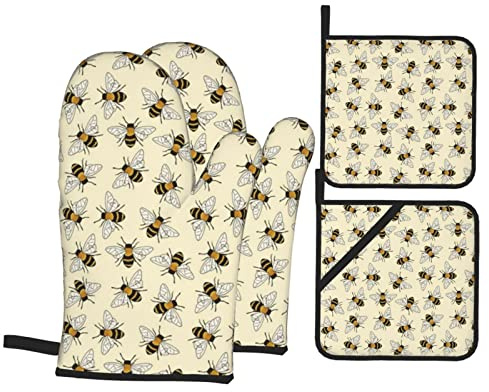 Happy Busy Bees Oven Mitts and Pot Holders Sets of 4 High Heat Resistant Bees Oven Mitts with Oven Gloves and Hot Pads Potholders for Kitchen Cooking BBQ Non-Slip Cooking Mitts