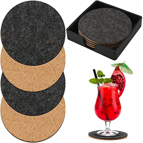 Untersetzer Gläser Glasuntersetzer 4Stk Filzuntersetzer Glas Untersetzer-Set Doppelseitig Kork und Filz Untersetzer Rund Schwarz Coasters mit Silikonhalterung for Getränke Tassen