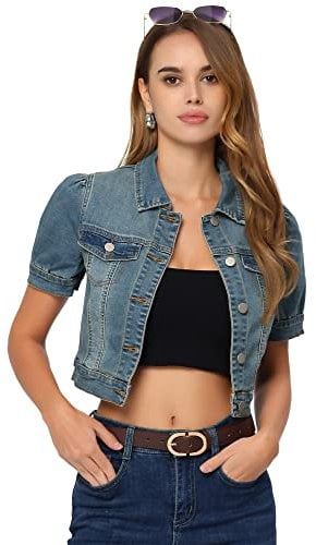Allegra K Women's Casual Jackets Button-Down Puff Sleeve Crop Jean Denim Jacket, Blue, L