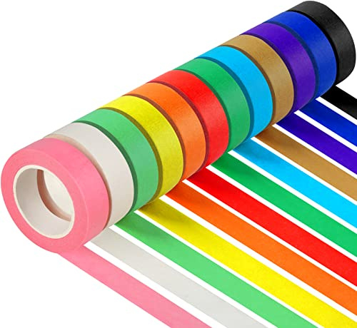 12PCS Colored Masking Tape, Kids Art Supplies Colored Tape, DIY Craft Tape, Colored Tape Rolls, Colored Painters Tape(1.7cm X 12m)