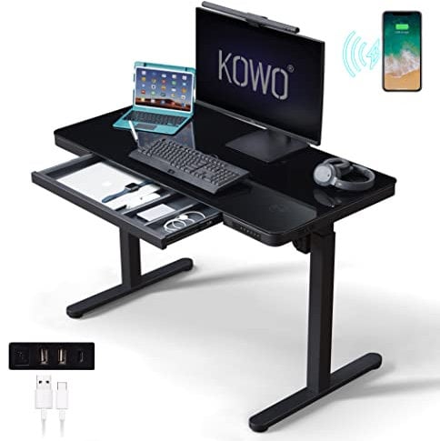 Kowo Glass Top Height Adjustable Electric Standing Desk with Drawers, USB C Hub & Wireless Charger, Black, Sit Stand Up Office Computer Storage Gaming Table, 120 x 60 cm (T3021-12-12)