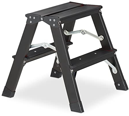 Relaxdays Trittleiter klappbar, 2 Stufen, Treppenleiter Aluminium, Leiter bis 120 kg, HxBxT: 39 x 38 x 40 cm, schwarz