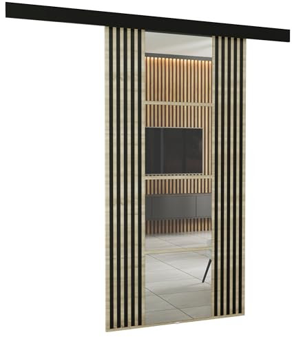 KIER FURNITURE Wandschiebetüren mit Spiegeln EMPI 100 – Schiebetür Komplettset Schiene Komplettset Mit Tür – Zimmertüren Mit Zarge Komplett - B106xH205xT1,6 cm - Sonoma Eiche