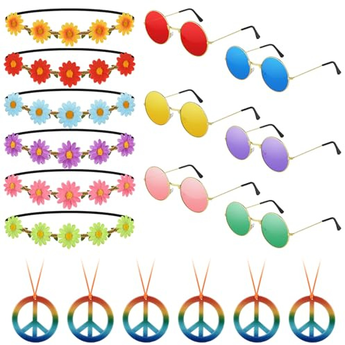 NEBURORA Hippie Costume Accessories Set 60s 70s Hippie Costume Accessories Set Daisy Headband Peace Sign Necklaces