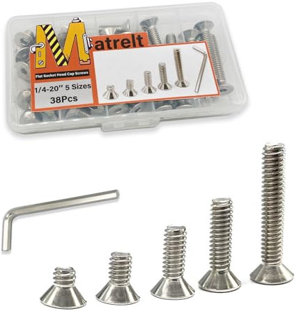 Matrelt 38 tornillos avellanados de 1/4-20, kit de tornillos de cabeza de enchufe con llaves Allen, pernos planos de acero inoxidable 304