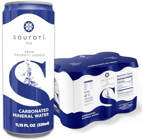 SOUROTI Sprudelndes Mineralwasser ohne Geschmack | Gesundes Getränk, reich an Mineralien und Spurenelementen, 6er-Pack, 330 ml Dosen, importiert aus Griechenland