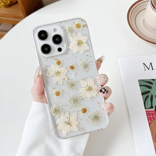 XIZYO Case for iPhone 15 Pro Max 6.7 Inch, Cute Clear Real Dried Flower Pattern Aesthetic Shockproof Phone Case, for Girls Women Transparent Luxury Floral Slim Soft TPU Protective Cover, White