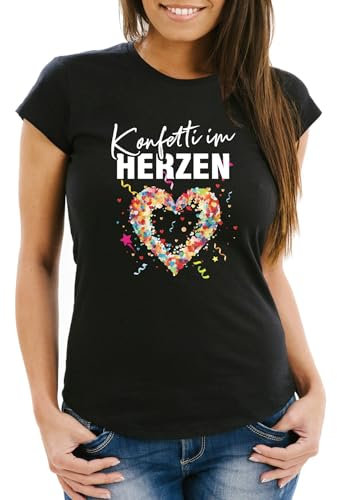 MoonWorks® Damen T-Shirt Fasching Karneval Konfetti im Herzen Kostüm-Ersatz Verkleidung Funshirt Frauen schwarz S