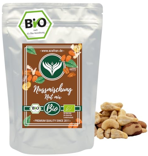 Azafran BIO Nussmischung Nuss Mix mit Mandeln Cashews Pekannüssen 1kg | Knackige Kernmischung mit Paranüssen für Müsli, Bowls, Gebäck und Snacks