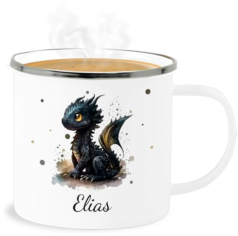 Emaille Becher Blechbecher - Süßer Kleiner Drache mit Namen I Nachtdrache I Dragon I Drachen I Drachenzähmen - 300 ml - Weiß Silber - dragons cup drachenmotiv name tasse geschenke und zähmen