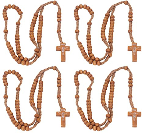 POTRUWE 10 Stück Holz-Rosenkranz-Perlen und Kruzifix, Jesus, Katholischer Rosenkranz, Weiße Holzkreuze, Anhänger für Taufe, Erstkommunion, Konfirmation, Brautparty, Babyparty