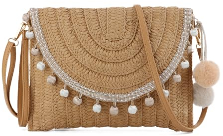 EVEOUT Pochette en Paille Tissée pour Femmes été Clutches Sac à Main en Paille Tressée avec Bandoulière et Pompons pour Parti Mariage Plage Vacances(Marron Balle)