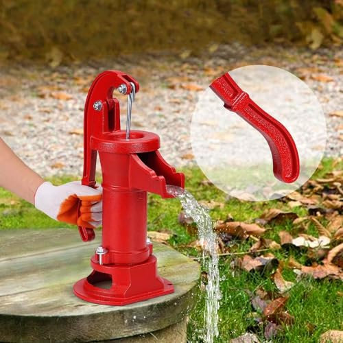 HaTur Hand Water Pump - Antique Style, Cast Iron, Above Ground, Red, Well Water Pump for Outdoor, Yard, Garden