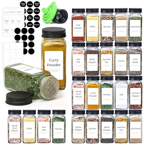 ComSaf 24Pcs 4oz/120ml Glass Spice Jars with Shaker Lids, 93 Labels, a Handy Funnel, a Pepper Grinder, Empty Spice Containers and Square Spice Bottles for Kitchen and Seasoning