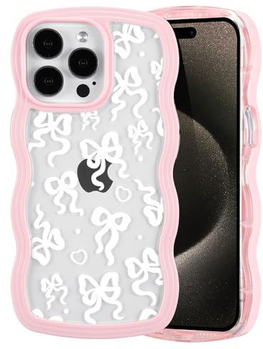 QLTYPRI for iPhone 15 Pro Max Case, Cute Bowknot Pattern Aesthetic Design Clear Phone Case for Girls Women, Curly Wave Frame Slim Soft Transparent Shockproof Protective Phone Cover - White Pink