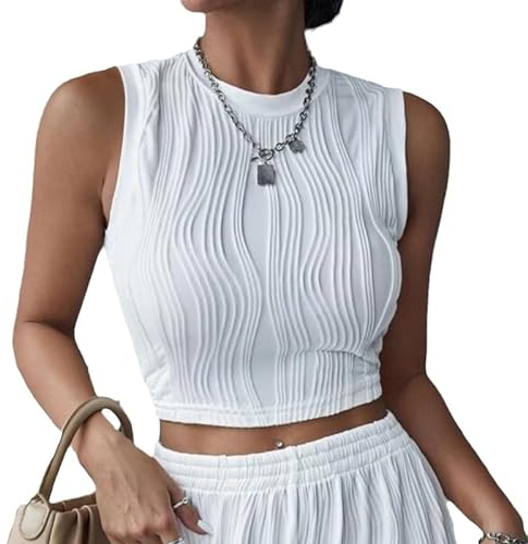 Haibang Crop Tops Damen Ärmellos Rundhals Tank Top Kurz Sommer Oberteile Sexy Slim Fit Tanktop Elegante Texturierte Shirt Camisole