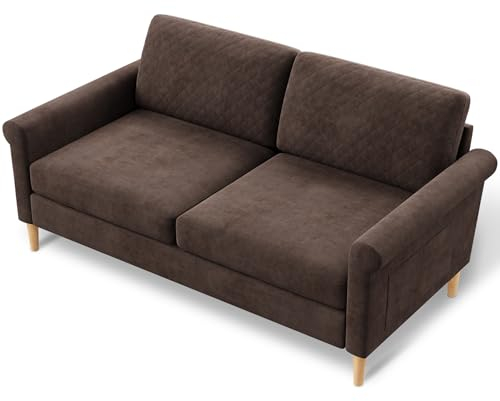 Moziel Sofa 2 Sitzer, 164cm Stoff 2er Sofa mit Abnehmbare Kissen, Doppelsofa mit beidseitigen Taschen Montage ohne Werkzeug für Wohnzimmer/Schlafzimmer/Wohnung/Büro, 164 x 76 x 85CM, Braun
