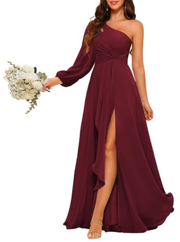 HPPEE Long Sleeve Bridesmaid Dresses for Wedding Pleated A Line One Shoulder Chiffon Burgundy Formal Evening Dress UK8
